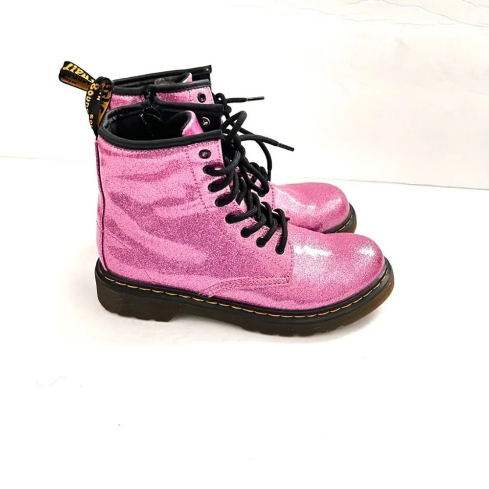 Doc Dr Martens Delaney Pink Sparkly Glitter Boots 1460 Lace Up Zipper Girls
